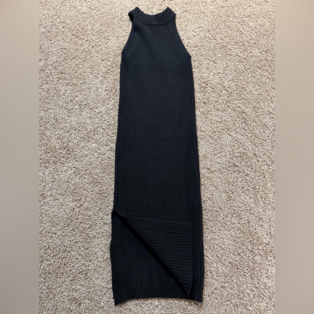 Lulus Black knit bodycon maxi sleeveless sweater dress side slit formal